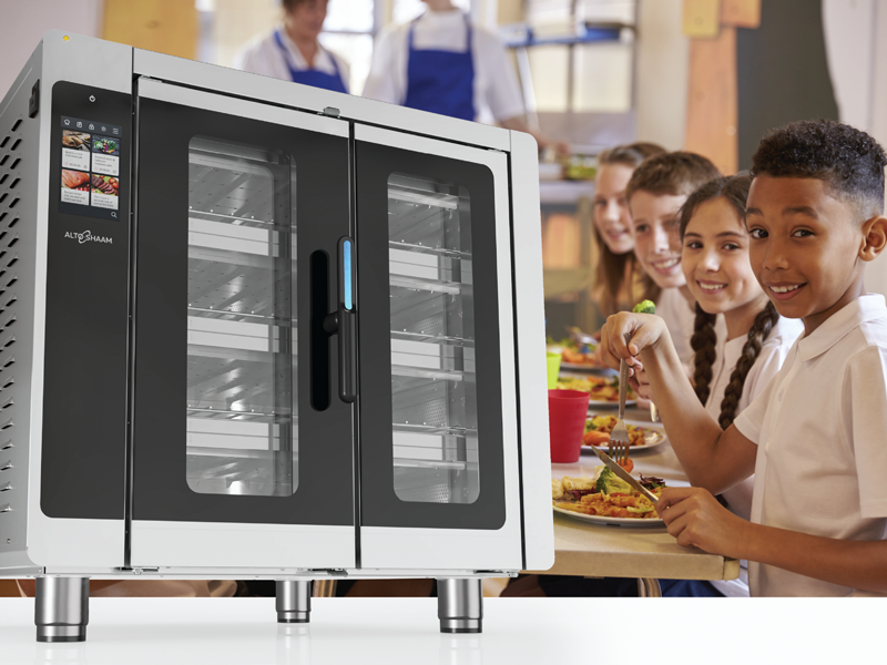 Graphic with Vector multi-cook oven and school cafeteria with children in background
