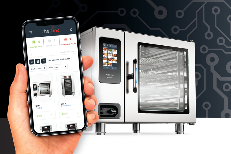 Commercial Combi oven and hand holding cell phone
