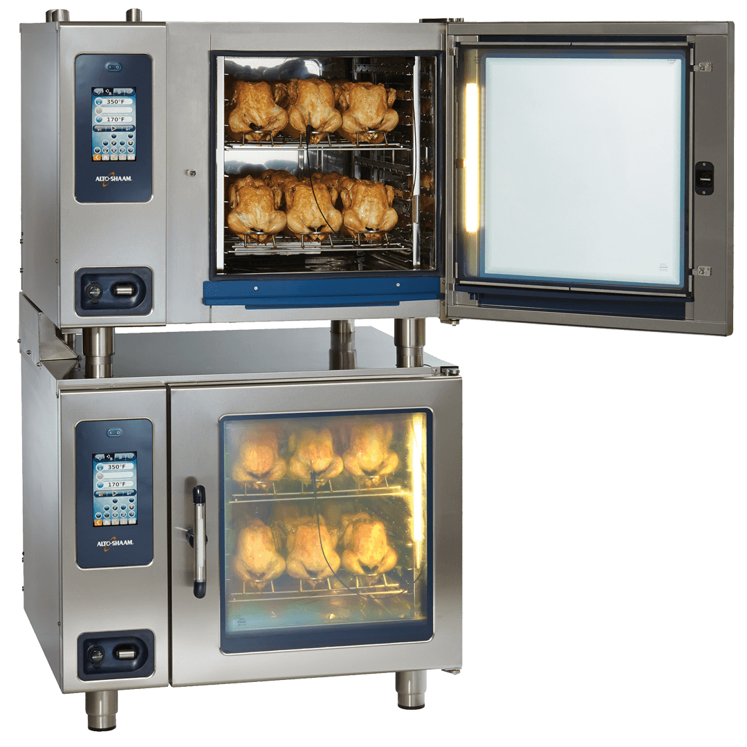 Alto-Shaam CTP7-20 Combitherm Combi Oven stacked with rotisserie chickens