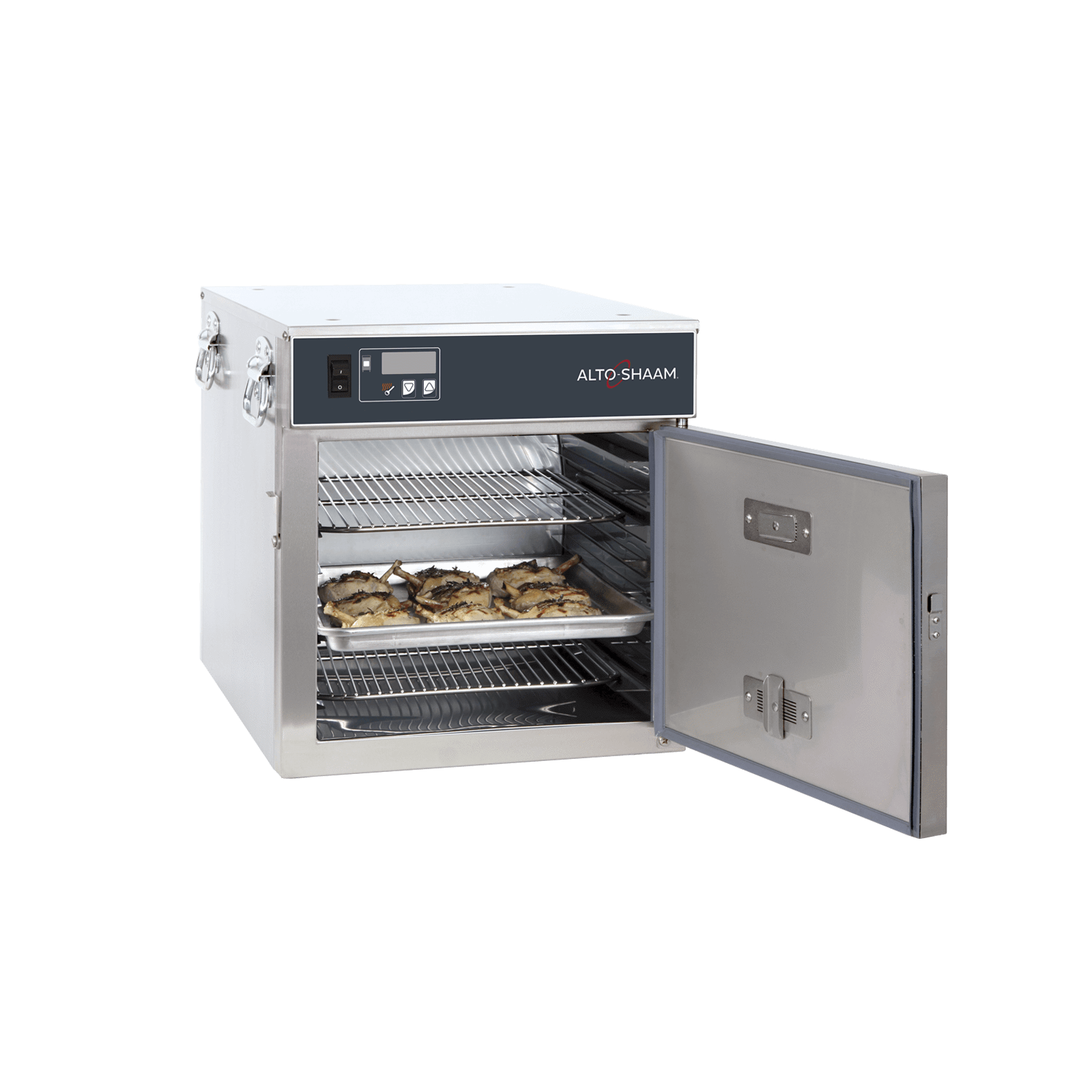 Низкотемпературный тепловой шкаф для хранения продуктов с технологией Halo Heat 300-S с открытой дверцей и едой внутри